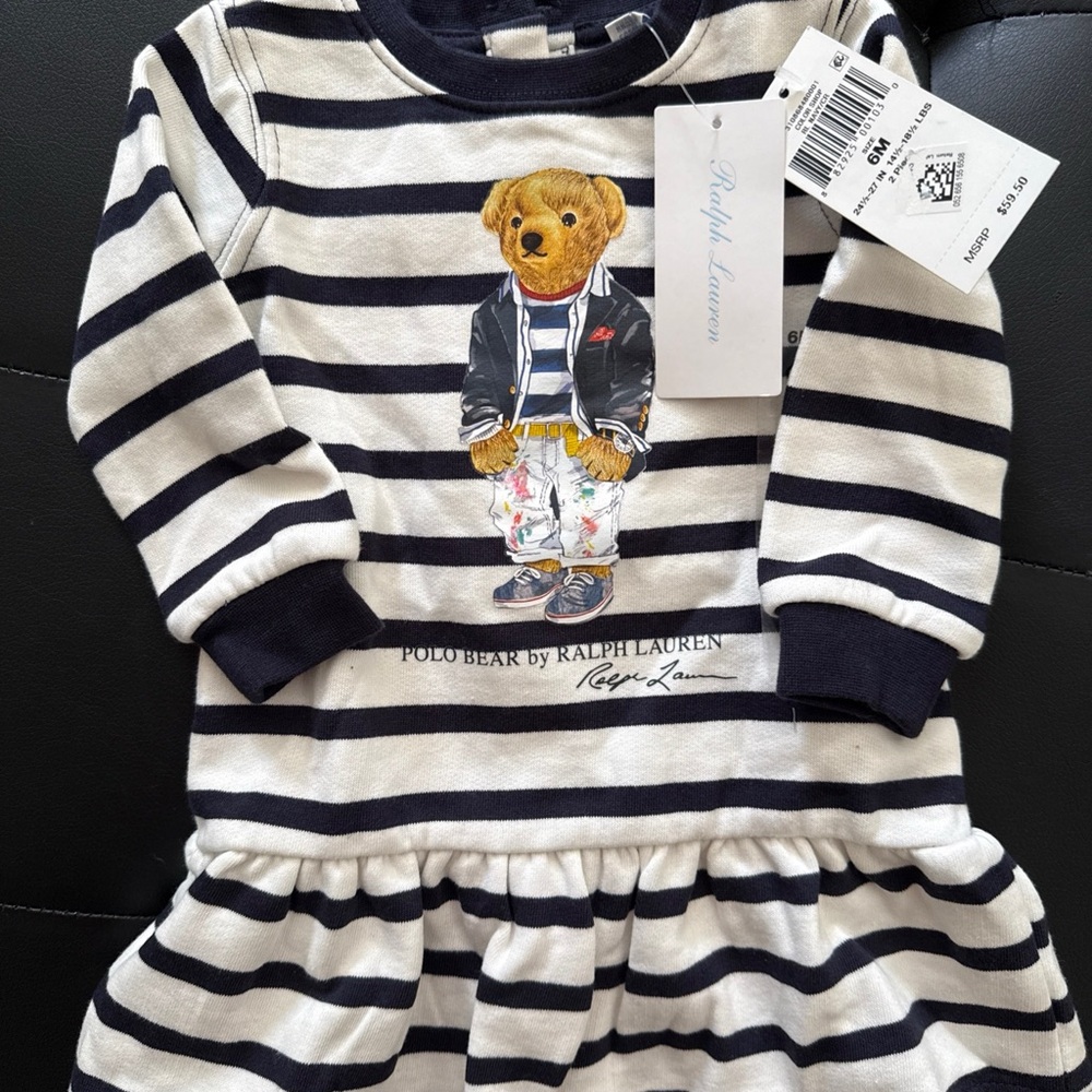 Ralph Lauren Navy and Cream Striped Polo Bear Casual Dress